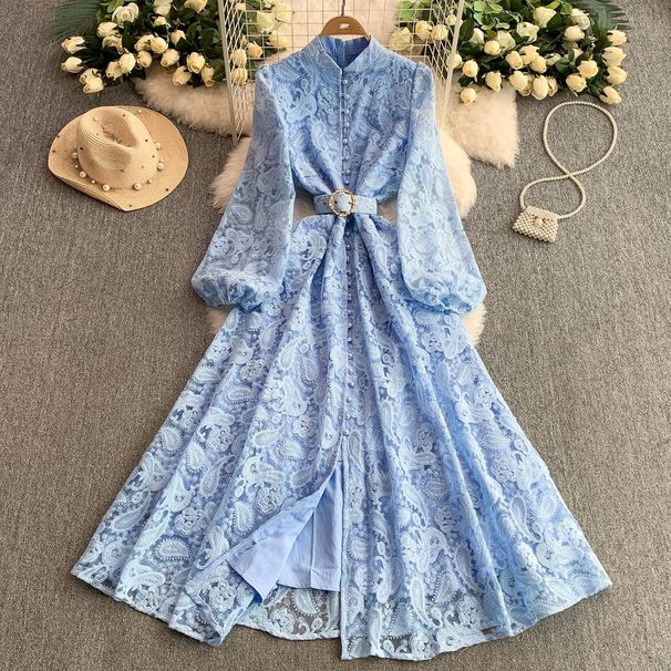 Women's Clothing Retro Lace Stand Collar Lantern Sleeve Dress For Women Spring And Autumn Buttoned Waist Long Swing Elegant Long Dress_ecoleips.com