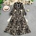 Women's Clothing Light Luxury High End Elegant Diamond Studded Round Neck Lantern Sleeve Dress Summer Leopard Print Slim Waist Long Skirt_ecoleips.com
