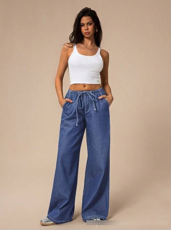 Women's High Waist Drawstring Wide Leg Jeans - Soft Cotton Casual Loose Fit Trousers For Summer (Blue, Sizes 25-30)_ecoleips.com