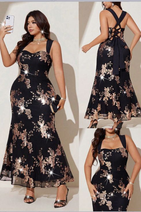 Curvy Women Sparkly Sequin Embroidery Midi Maxi Dress, Bodycon Pencil Long Gown For Wedding Guest Party Birthday Christmas Night Date Autumn Winter_ecoleips.com