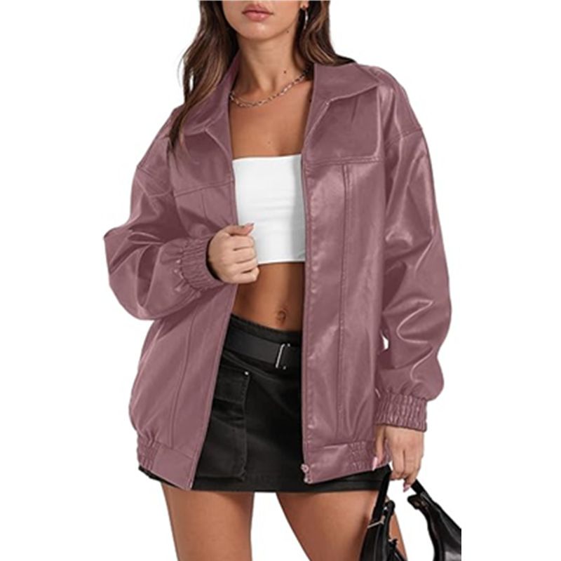 Women's PU Leather Jacket With Stand Collar, Long Sleeves, Side Pockets, Casual Windbreaker Coat In Solid Colors_ecoleips.com