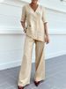 Women's Casual Cotton Linen Top And Straight Leg Trousers Set Solid Color V Neck Mid Sleeve Autumn Wear_ecoleips.com
