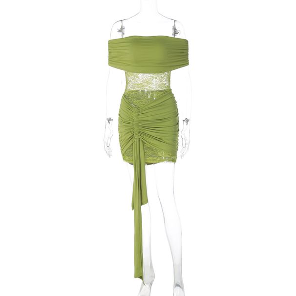 Women's Sexy Strapless Off-Shoulder Spliced See-Through Bodycon Dress Mini Skirt Belted European American Style E-Commerce Fashion_ecoleips.com