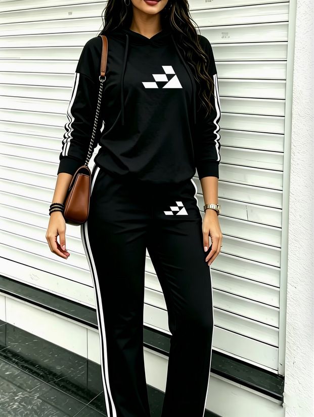Women's Black And White Striped Hooded Pants Suit Long Sleeved Street Style Autumn/Winter Set European American Cross Border Print_ecoleips.com