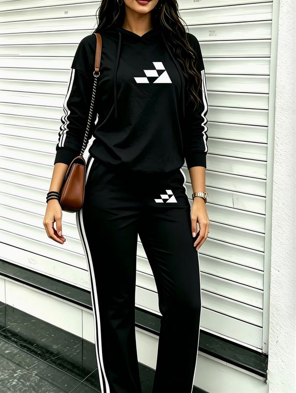 Women's Black And White Striped Hooded Pants Suit Long Sleeved Street Style Autumn/Winter Set European American Cross Border Print_ecoleips.com