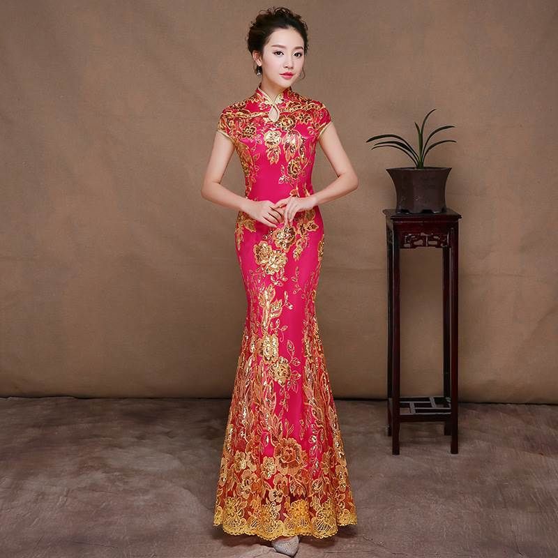 Elegant Long Tailored Qipao With Lace Embroidery – Vintage Chinese Cheongsam Dress For Banquet, Performance & Special Occasions_ecoleips.com