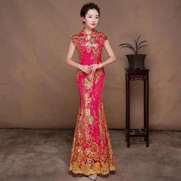 Elegant Long Tailored Qipao With Lace Embroidery – Vintage Chinese Cheongsam Dress For Banquet, Performance & Special Occasions_ecoleips.com