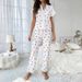 Women's Clothing Home Clothes Cherry Print Short Sleeved Lapel Pajamas Long Pants Two Piece Suit_ecoleips.com