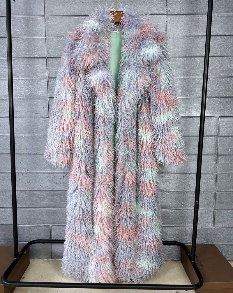 Women's Longline Faux Fur Coat – Oversized Lapel, Winter Statement Coat In 9 Colors (Ivory/Khaki/Rose/Black)_ecoleips.com