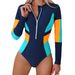 Aria Basics New European American Cross-border Long-sleeve One-piece Swimsuit With Color-blocking And Zipper, Sexy Women's Swimwear_ecoleips.com