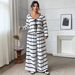 "Plus Size Striped Tie-Front Top & Wide Leg Pants Set – Casual Two-Piece Outfit (Black, XL-4XL)"_ecoleips.com