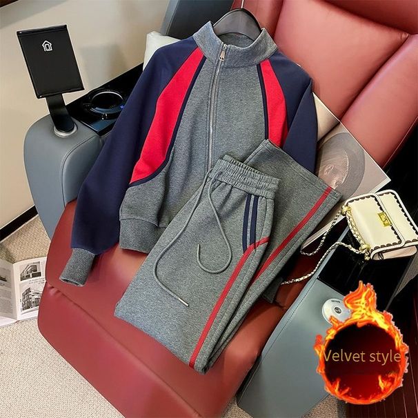 Women’s Clothing Casual Sports Suit Pants Plus Velvet Autumn And Winter New Fashion Contrast Color Top Straight Pants Two Piece Suit Trendy_ecoleips.com