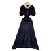 Women's Clothing Lace Collar Puff Sleeves Slim Fit Short Sleeves Knitted Dress Single Row Gold Button Long Skirt_ecoleips.com