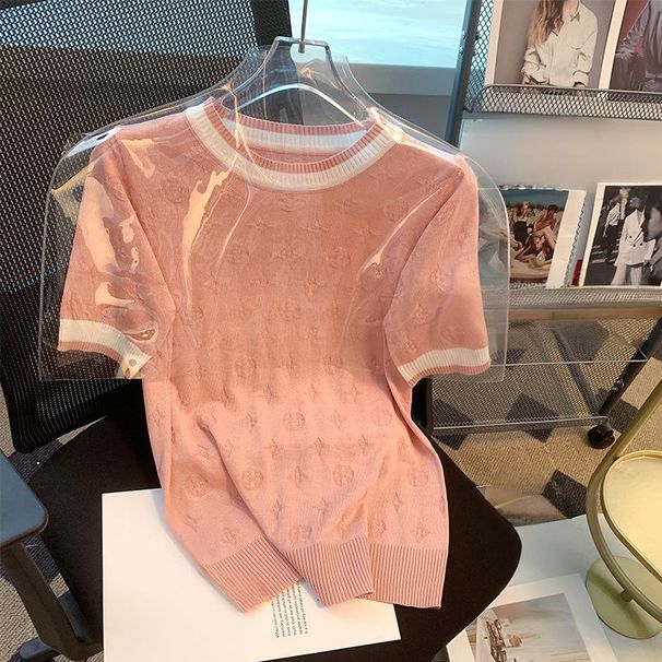 Women's Clothing Women's Round Neck Color Block Loose Fit Viscose T-Shirt Summer Fashion Breathable Jacquard Knit Top_ecoleips.com