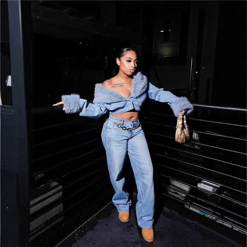 Women's Clothing Women's Fashionable Versatile Fur Collar Denim Suit European American Style For Formal & Casual For Women_ecoleips.com