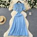 Elegant Denim Patchwork Short Sleeve Dress With Metal Buttons - High Waist A-Line Midi Dress For Women, Casual Office Wear (White/Black/Blue)_ecoleips.com