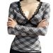 ng2510292 Sweet And Alluring Lace Trim Deep V-neck Plaid Long-sleeve T-shirt For Women, Slim-fit, Fashionable Inner Top Women's_ecoleips.com