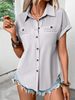 Women's Clothing Solid Color Buckled Lapel Shoulder Pleated Pocket Raglan Short Sleeved Top_ecoleips.com