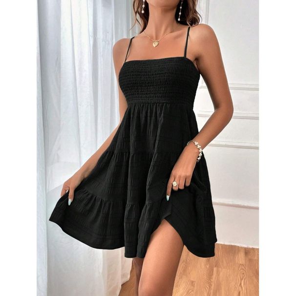 Women's Fashion Spaghetti Strap Smocked Bustier Mini Dress Blue Ruffled Tiered Swing Dress Summer Casual Vacation Beach Wear_ecoleips.com