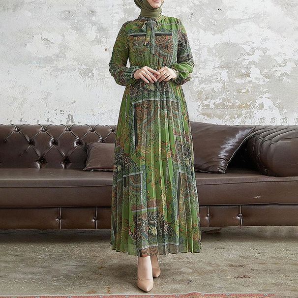 Women's Clothing Muslim New Arrivals Abstract Print Long Fashion Elegant Robe Dress_ecoleips.com