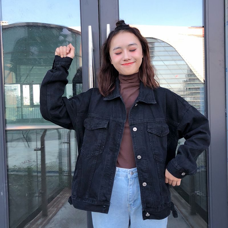 "Women's Black Denim Jacket – Korean Oversized BF Style, Lightweight Fall & Winter Outerwear"_ecoleips.com