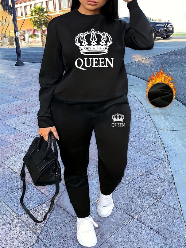 Women's Autumn/Winter Hip Hop Casual Street Queen Letter Pattern Printed Round Neck Sweatshirt+Sweatpants Warm Set-620_ecoleips.com