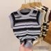 Vintage Stripe 3d Effect Short Sleeve Knit Top For Women, Breathable Polyester Blend Casual Crewneck Shirt, Office & Daily Wear_ecoleips.com