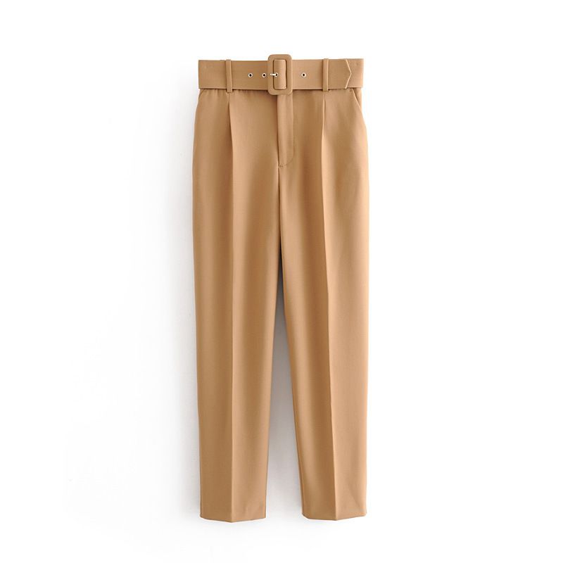 High Waist Slim Fit Casual Trousers for Women European American Style Cropped Length Belted Polyester Pants England Fashion_ecoleips.com