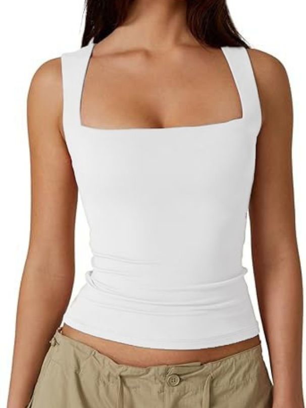 K Women's Short Sleeve Street Chic Fashion Square Neck Basic Fit Sleeveless Tank Top Underwear_ecoleips.com