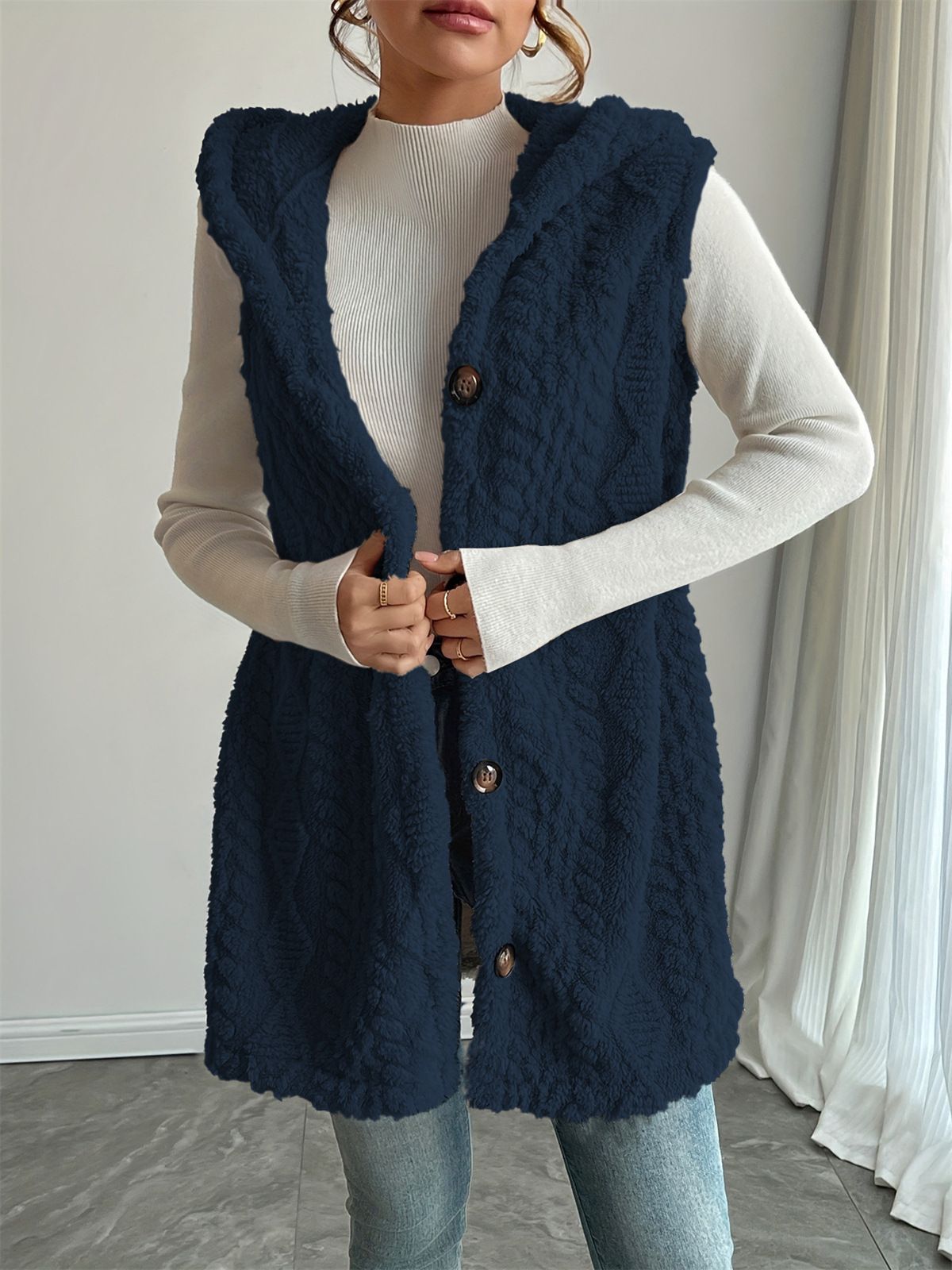 Double-Sided Fleece Hooded Button Cardigan - Women's Casual Vest For Autumn & Winter, Solid Color Lightweight Layering Piece_ecoleips.com