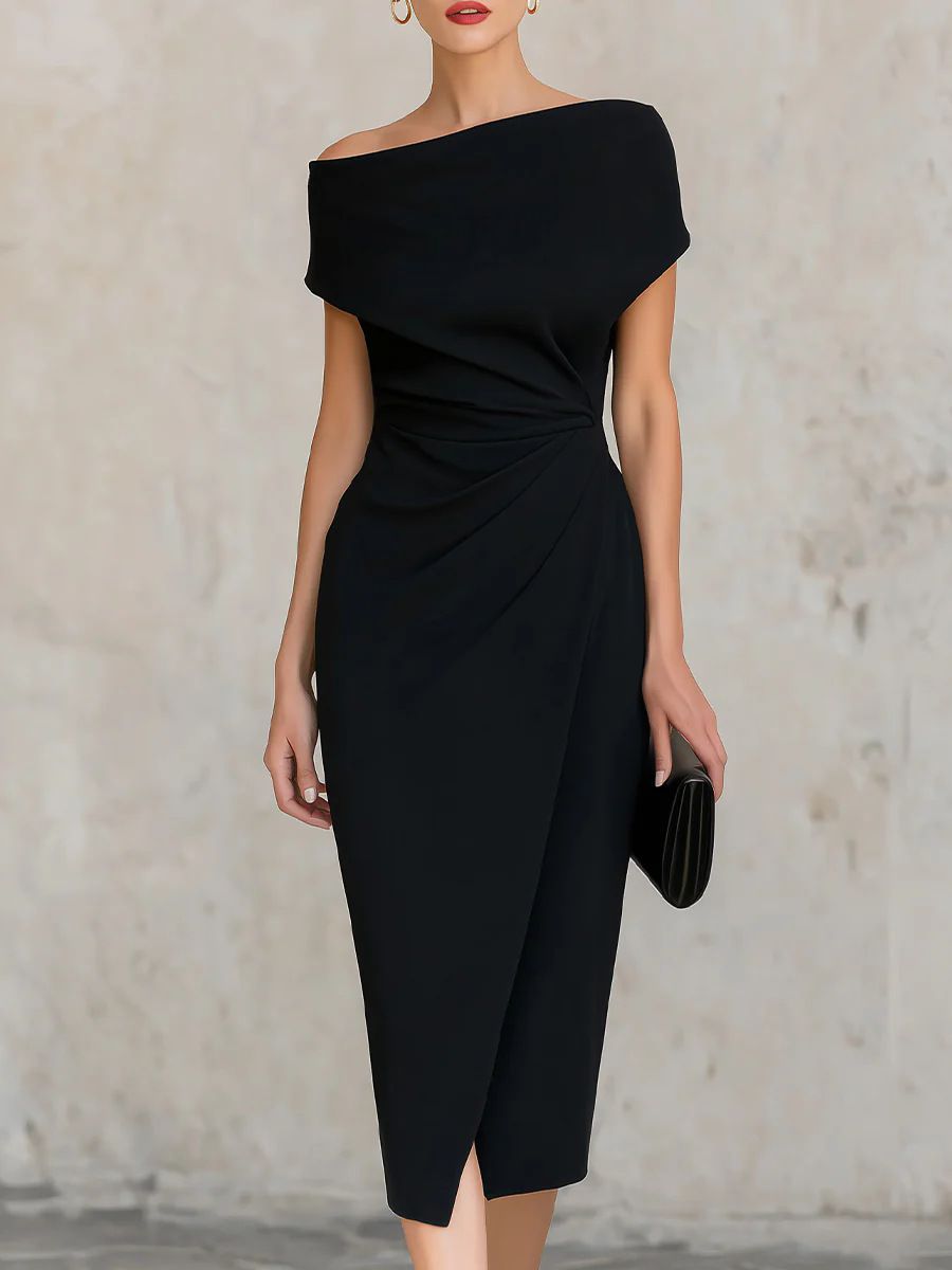 Women's Clothing Off The Shoulder Pleated Dress Fitted Waist Banquets Work Formal Wear Slit For Formal & Casual For Women_ecoleips.com