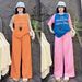 Women's Clothing Fashion Summer Two Piece Set Letter Print Color Block Short Sleeve Top With Slimming Wide Leg Pants_ecoleips.com