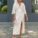 D3308 Women's Autumn New Item Loose V-neck Fashionable Sequin Slit Long Skirt Plus Size Dress_ecoleips.com