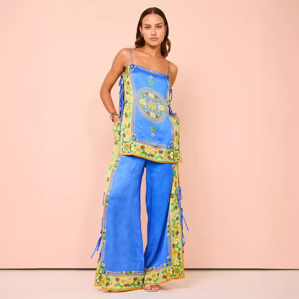 Women's Retro Ethnic Style Satin Print Casual Suit Fashion Sexy_ecoleips.com