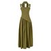 Elegant High-Slit Wrap Neck Halter Dress Classic Staple in Black And Army Green Stretchy Polyester S M L_ecoleips.com