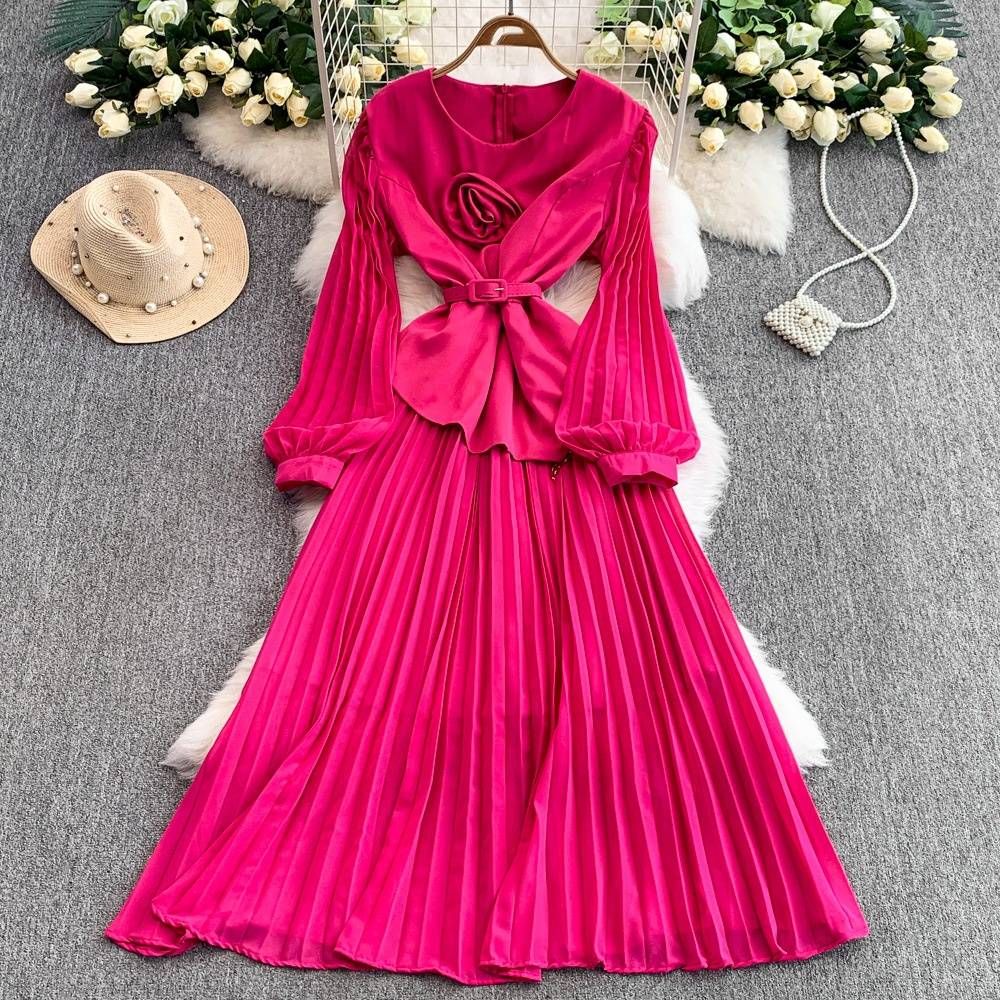Women's Clothing Pink Three Dimensional Flower Round Neck Long Sleeved Dress For Women Elegant Waist Slimming Splicing Pleated Skirt_ecoleips.com