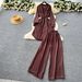 Women's Casual Lounge Set – Belted Waist Shirt With High-Waisted Wide-Leg Pants (Polyester, Rhinestone Detailing, Blue/Khaki/Pink/Black/Brown)_ecoleips.com