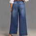 Women's Clothing Mid-Rise Wide Leg Jeans Retro Washed Cuffs Frayed Hem Slanted Pockets Cropped Length Denim_ecoleips.com
