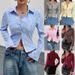 New Fashion Casual Versatile V-Neck Striped Long-Sleeve Shirt Top_ecoleips.com