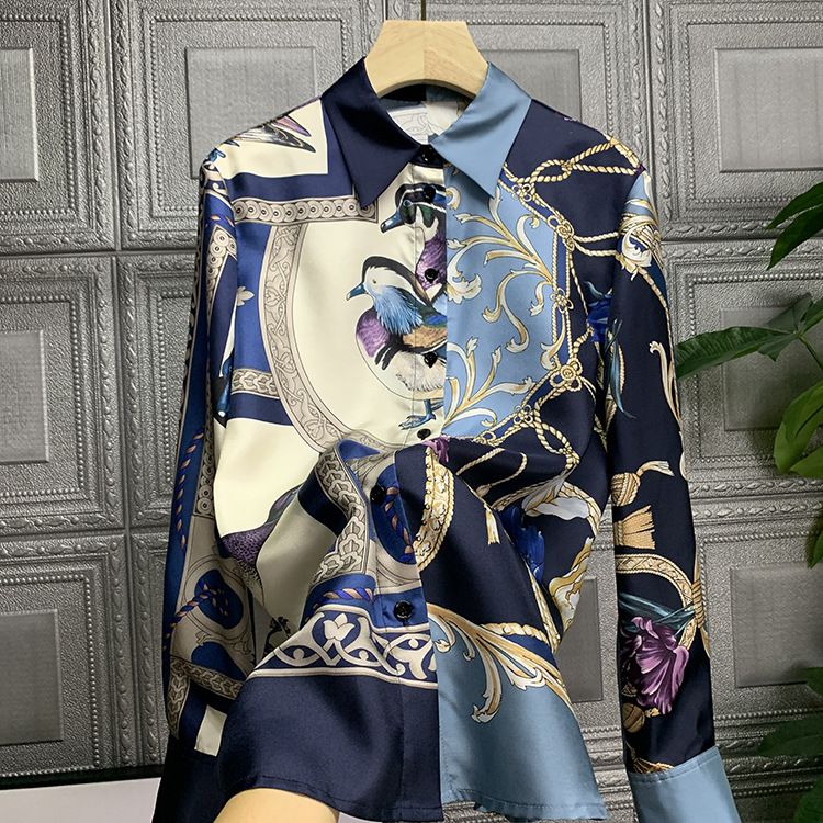 Summer 2027 Fashion European-USA Style Blouses Women Polyester Lapel Printing Single-Breasted Long Sleeve Casual Simulated Silk Shirt_ecoleips.com