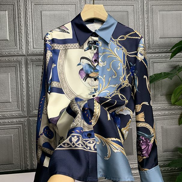 Summer 2027 Fashion European-USA Style Blouses Women Polyester Lapel Printing Single-Breasted Long Sleeve Casual Simulated Silk Shirt_ecoleips.com