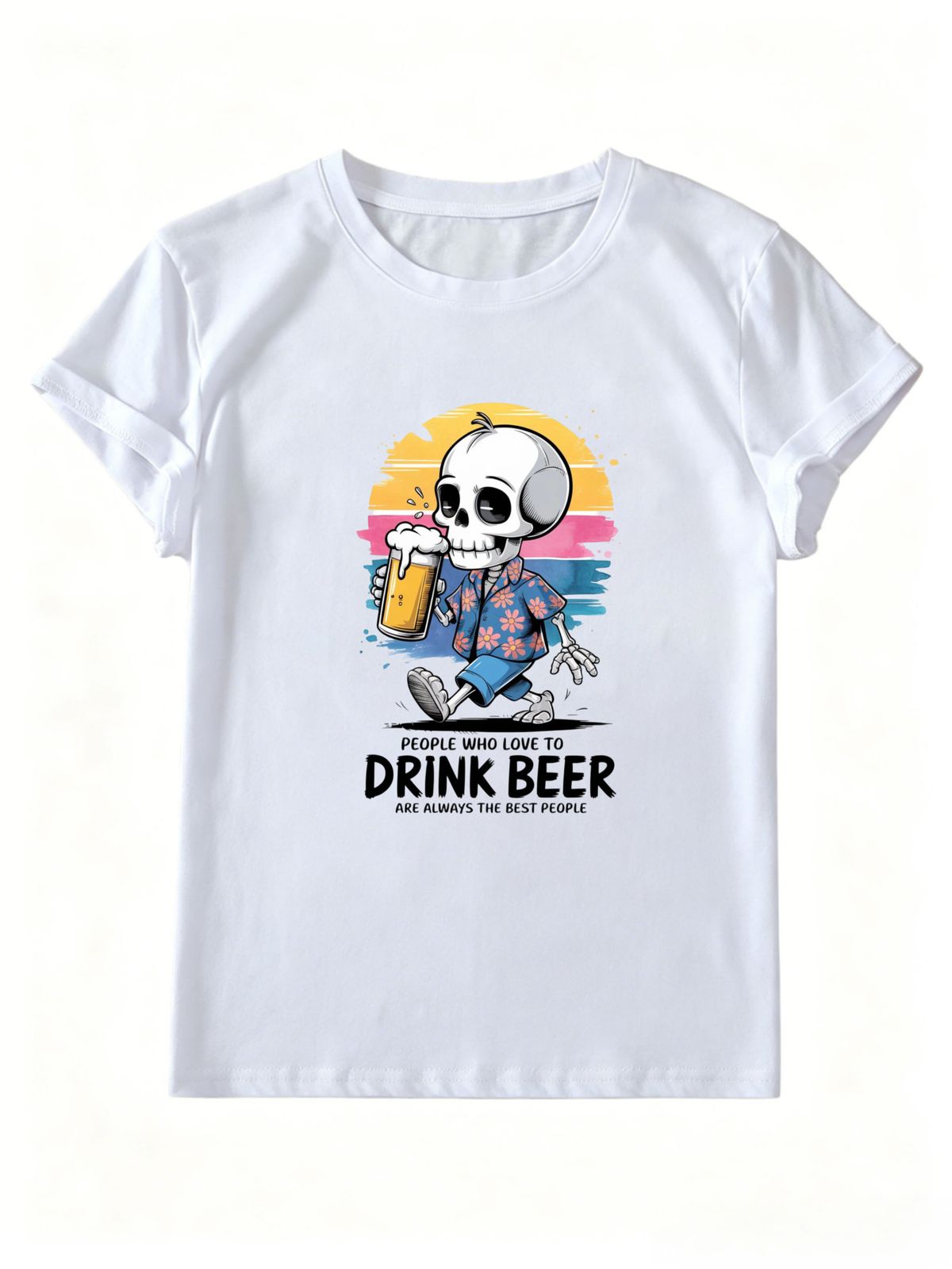 Women Retro Sunset Skeleton Drinking Beer Graphic T-Shirt Funny Beer Lover Quote Short Sleeve Casual Streetwear Tee_ecoleips.com