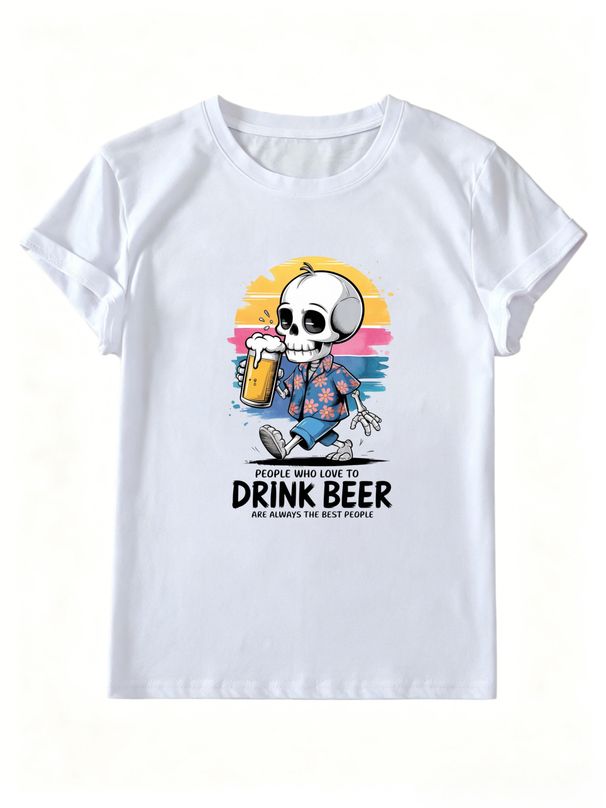 Women Retro Sunset Skeleton Drinking Beer Graphic T-Shirt Funny Beer Lover Quote Short Sleeve Casual Streetwear Tee_ecoleips.com