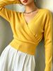 Women Cross Wrap V Neck Ribbed Knit Top Loose Long Sleeve Lightweight Hollow Texture Breathable Skin-friendly Cropped Knit Blouse_ecoleips.com