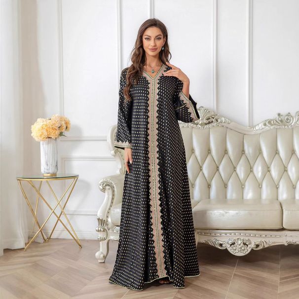 2025 Spring Muslim Abaya Gold Foil Simple Lace Slim Fit Dubai Women's Dress_ecoleips.com