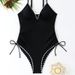 Women's Clothing Sexy Backless One-Piece Swimsuit -Embrace Confidence By The Water Triangle Drawstring Design (Black, Solid Color)_ecoleips.com