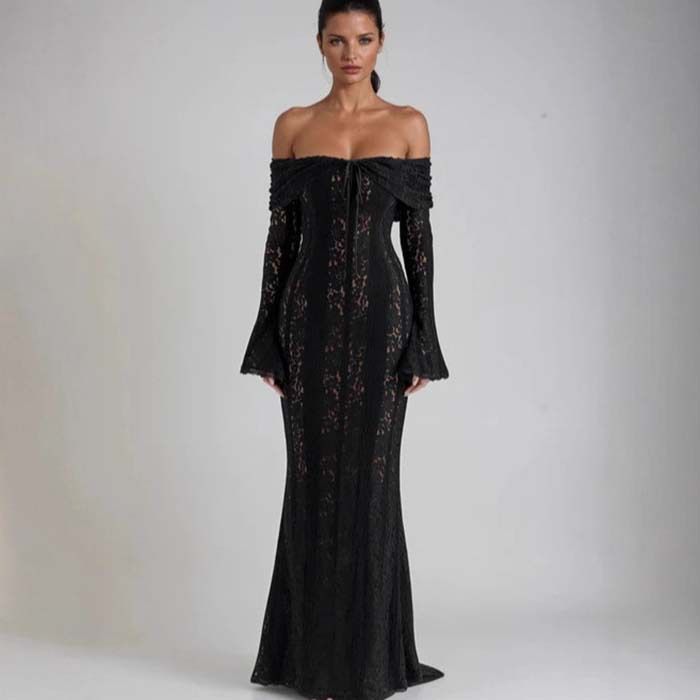Women's Sexy Lace Long Sleeve Off Shoulder Backless Bodycon Maxi Dress – Elegant Party Evening Gown_ecoleips.com