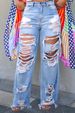 Trendy Distressed Ripped Jeans For Women - High Waist Straight Leg Denim Pants With Floral Embroidery - Comfortable Stretch Fabric_ecoleips.com