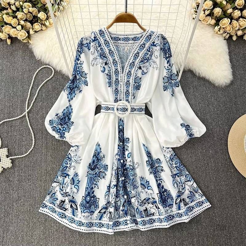 Women's Clothing Spring New Women's Fashionable V Neck Long Sleeved Print Dress_ecoleips.com