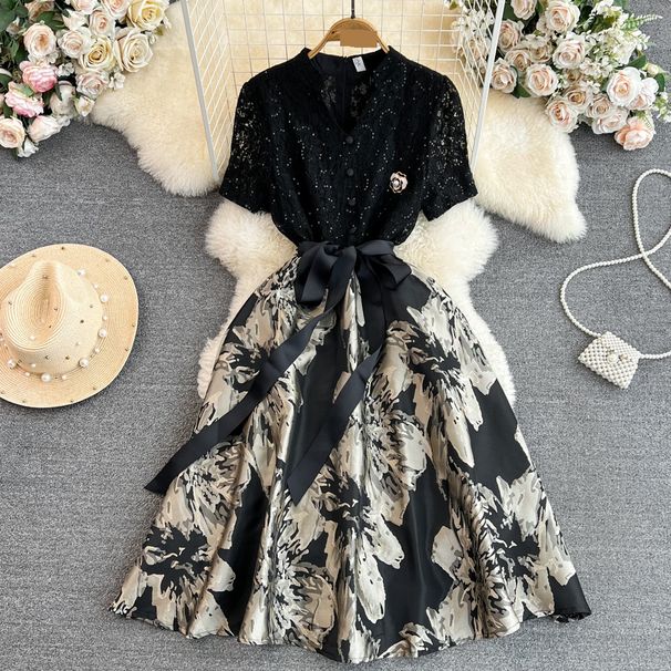 Women's Clothing Short Sleeved V Neck Lace Patchwork Waist Slimming Medium Length A Line Dress_ecoleips.com